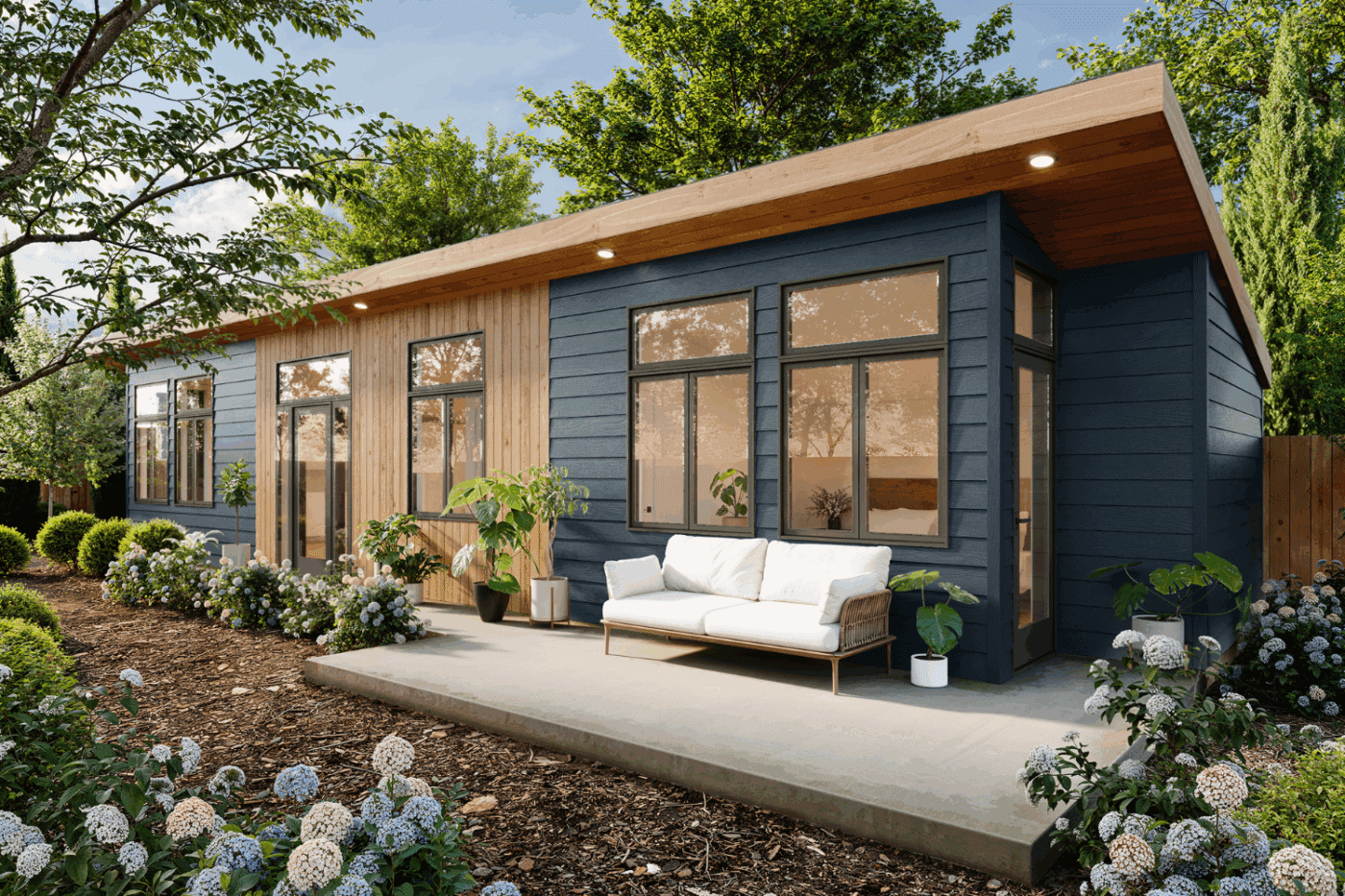 Sonoma ADU in Backyard setting with Dark Blue Smart Lap Siding