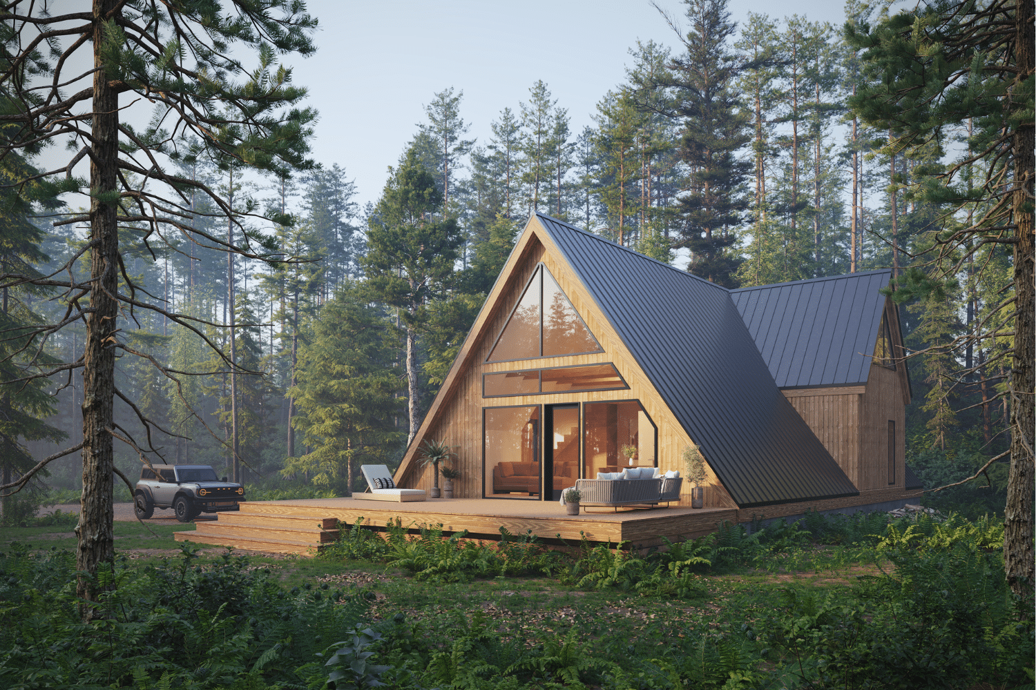 A frame base model in the woods designed by Zook Cabins