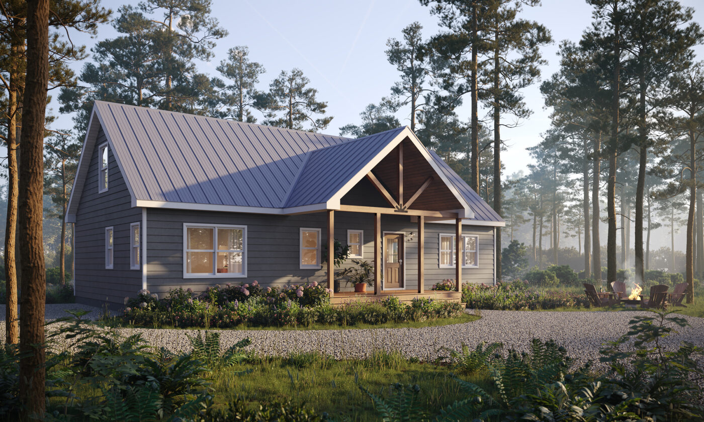 The Franklin modern cabin with timber frame porche front porch view