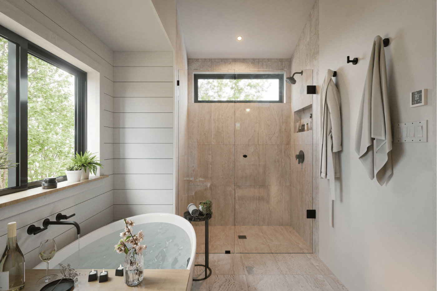 a frame studio park model home with large walk in shower