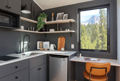 kitchen and desk in A Frame Park Model