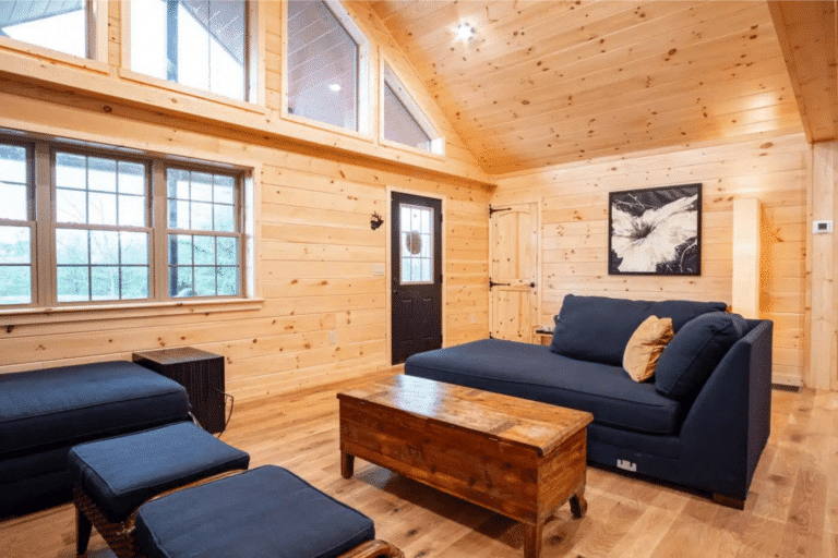 alpine log cabins with large windows