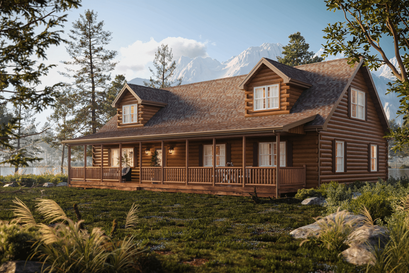 Amish built log cabins with large front porch