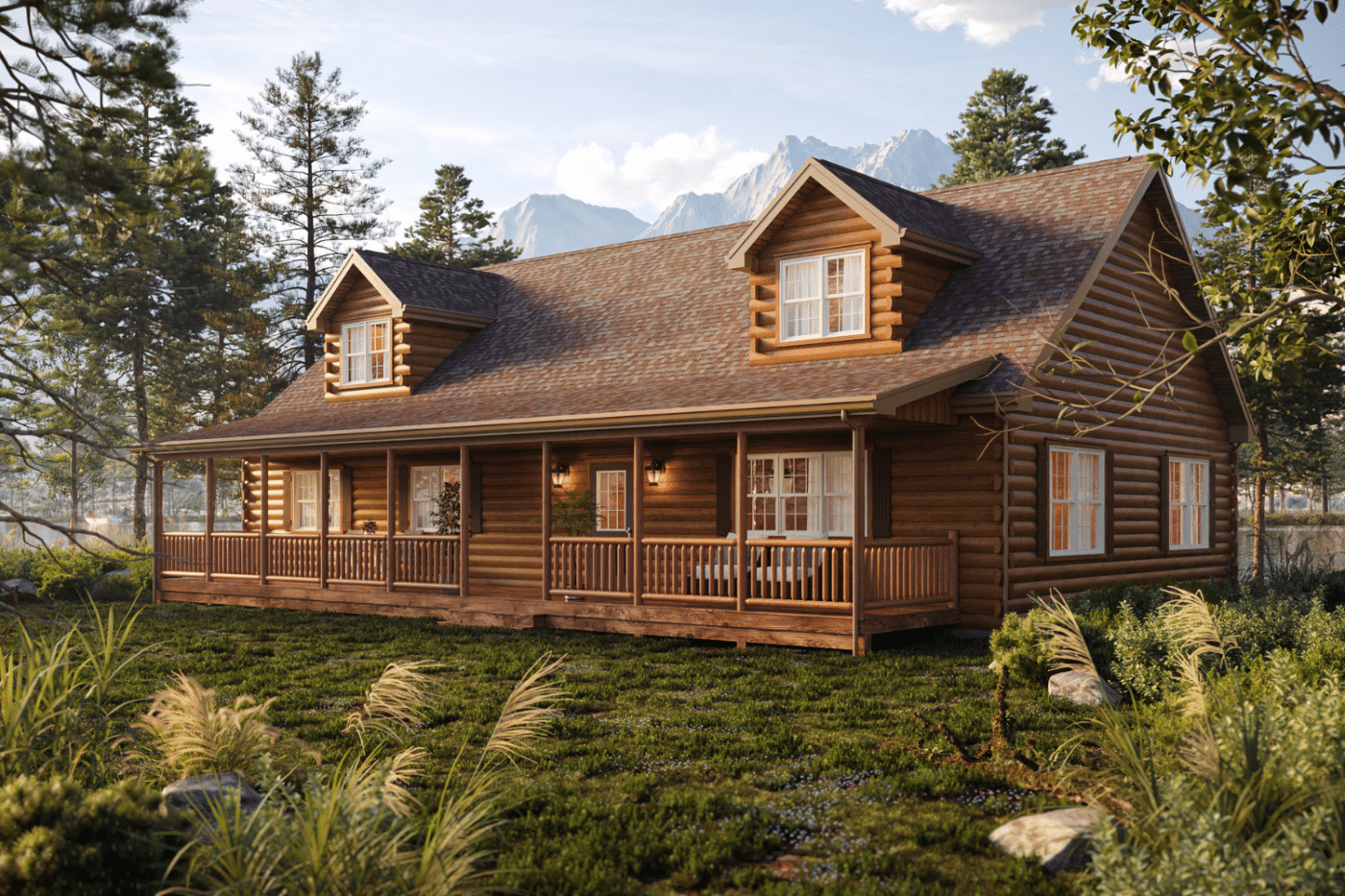 Amish built modular log cabins with large front porch The Mountaineer Deluxe