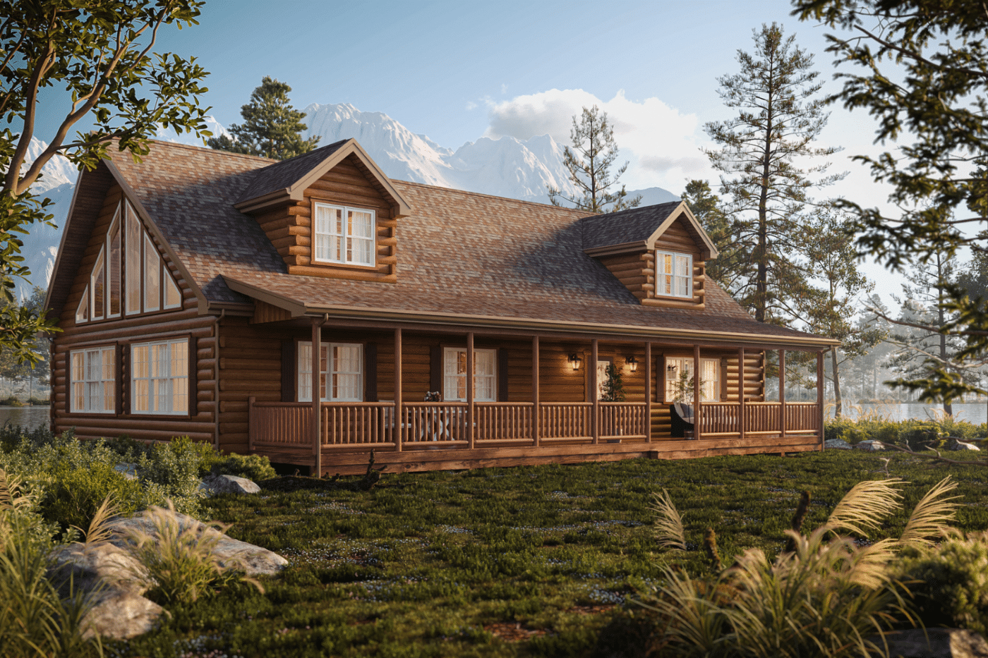 prefab log cabins with dormer rooflines and large windows The Mountainer Deluxe