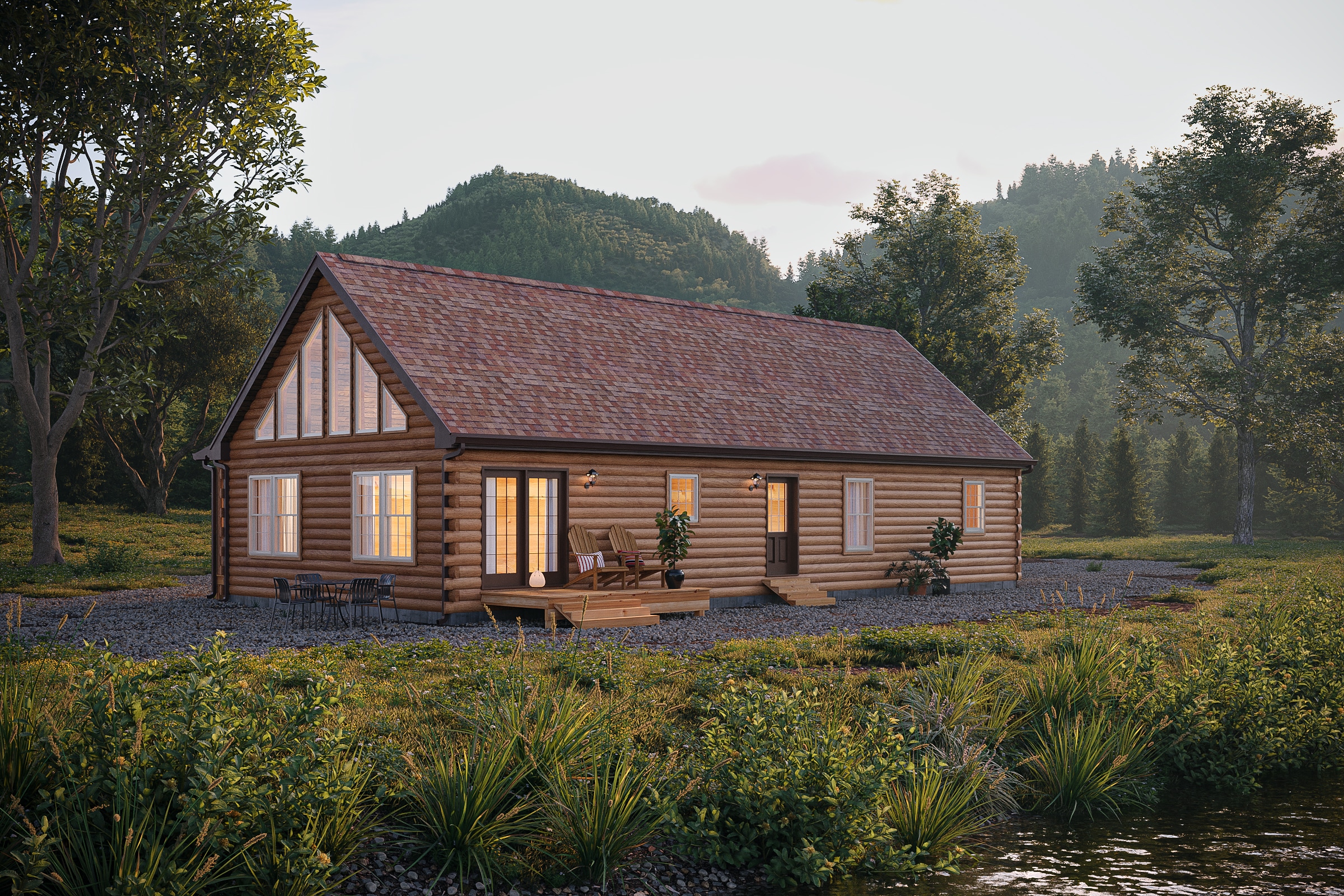 log cabins with back porch and large windows