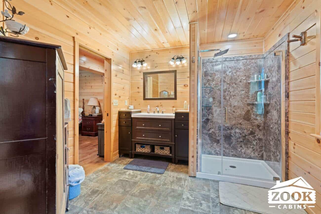 master bathroom shower in prefab cabin