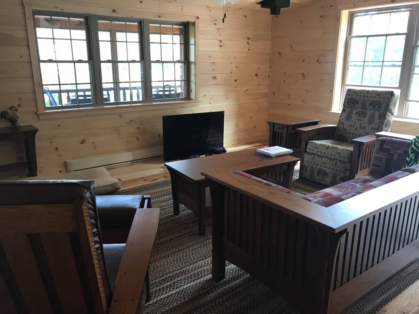 cozy living room in new prefab log cabin in parson west virginia