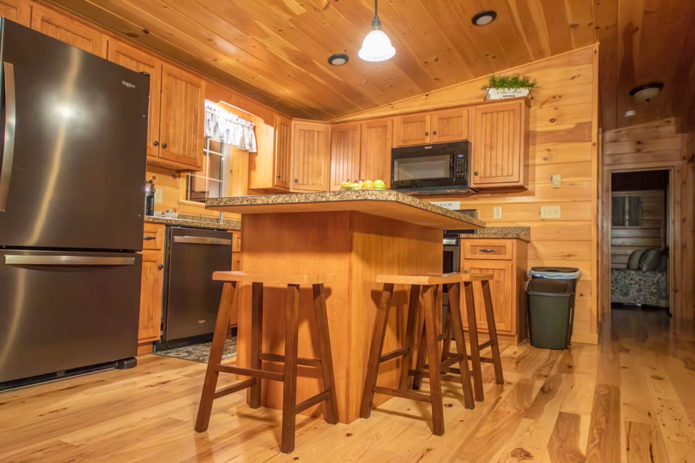 kitchen island in log cabin