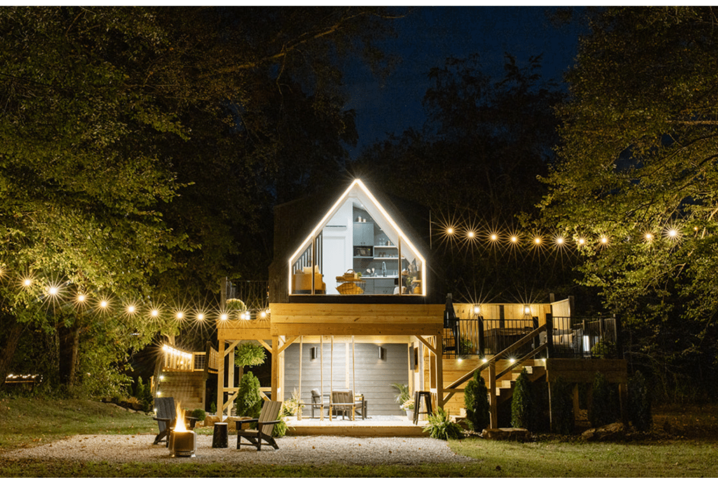 a frame park model at night romantic cabin get aways