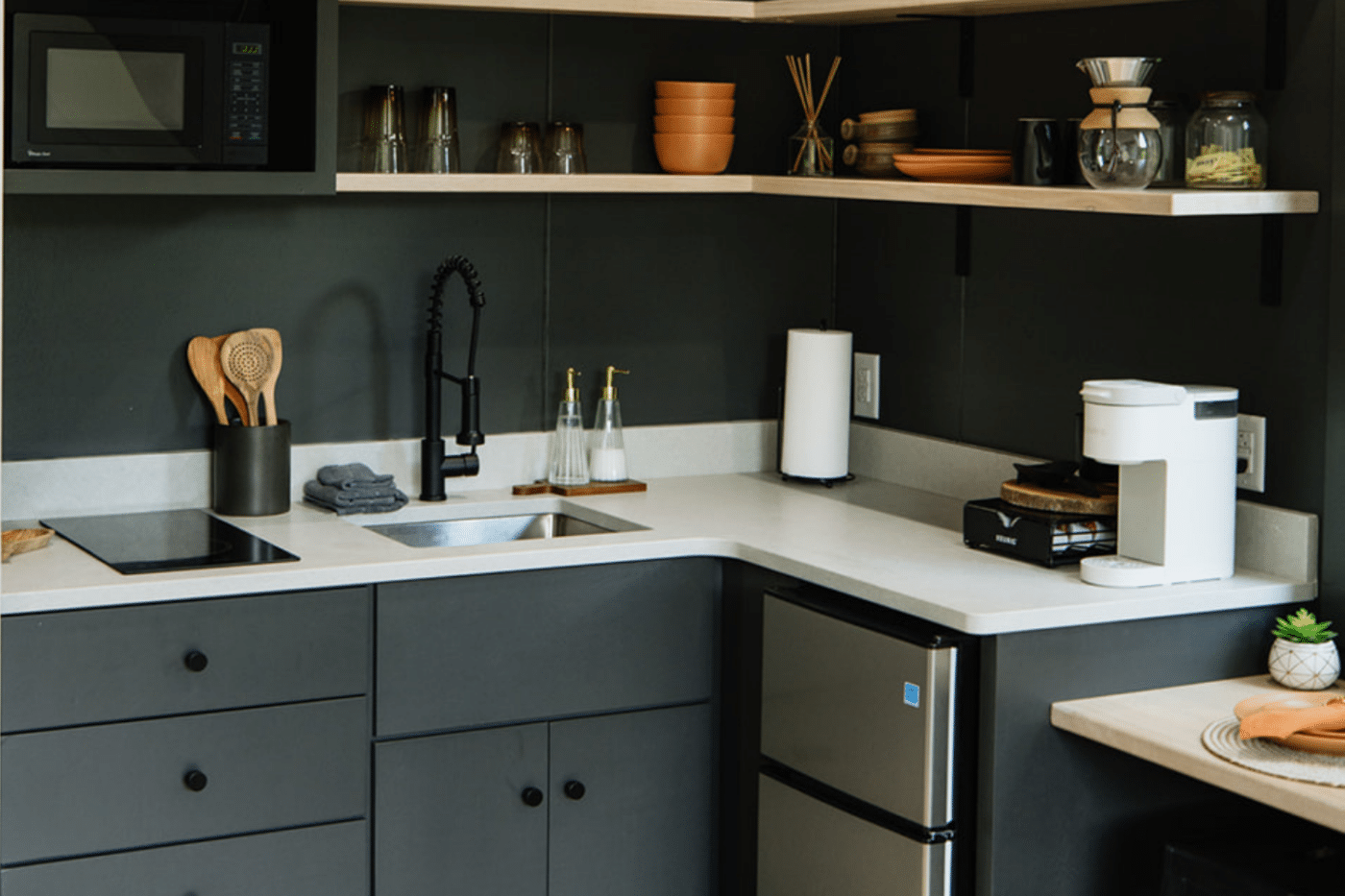 tiny house kitchenette in A frame park model home in OH