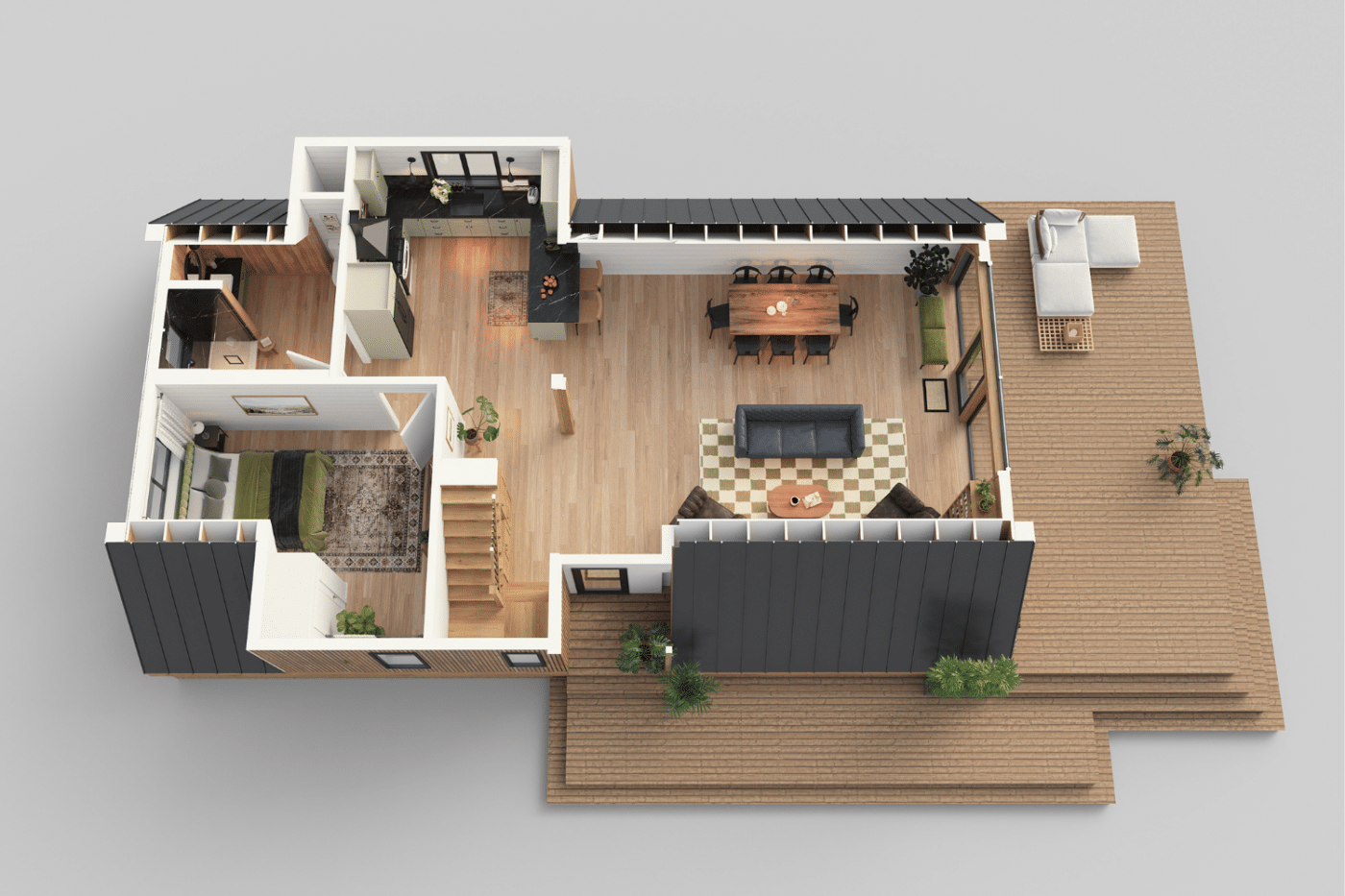 A frame 1st floor rendering designed by Zook Cabins