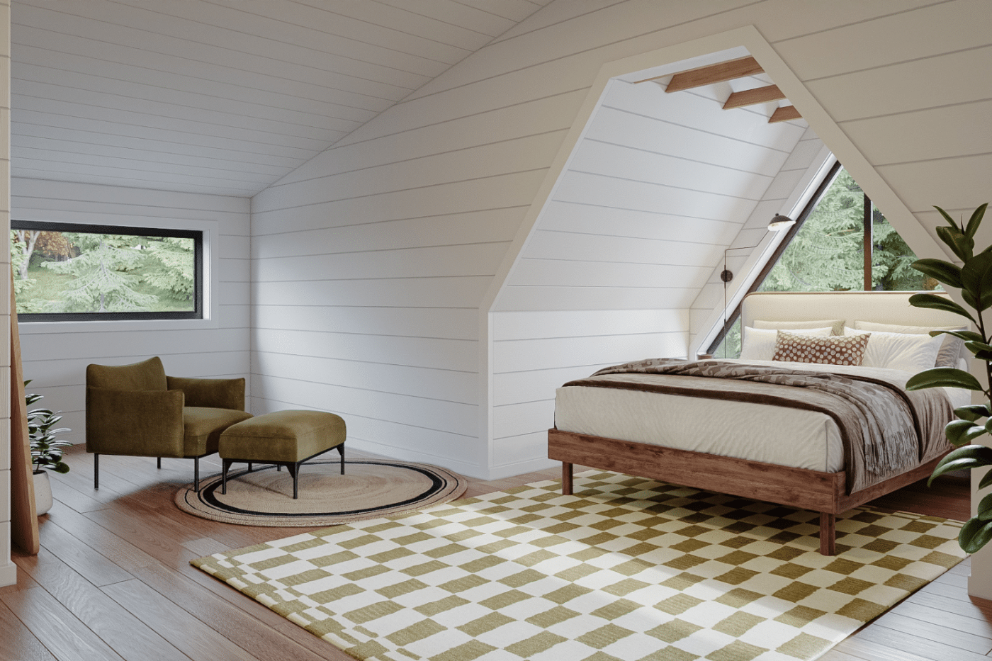 A frame cabin with large peak window in bedroom modular cabins built by Zook Cabins