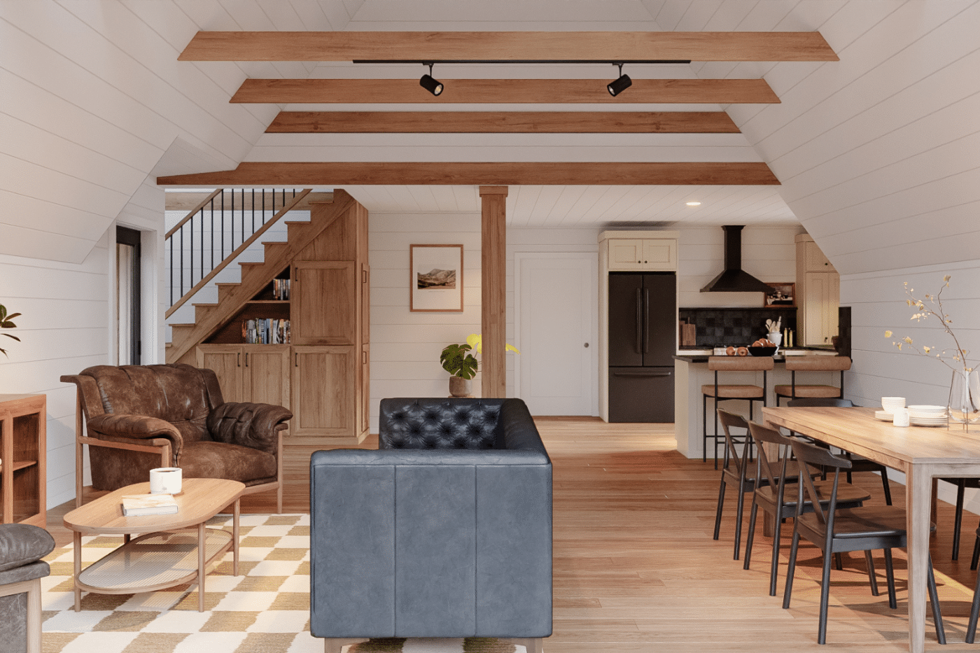 a frame first floor view with open staircase designed by zook cabins