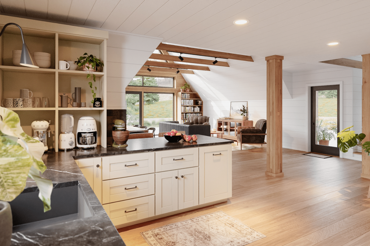 luxurious kitchen in aframe cabin with beautiful views built and designed by Zook Cabins