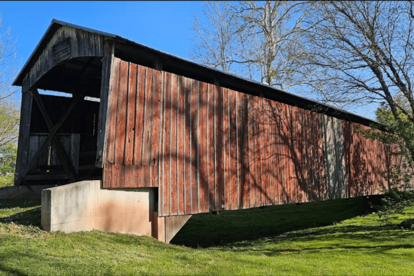 iconic covered bridge at red run campground offering modern Park model glamping experiences