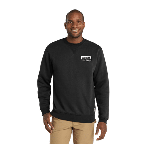 model posing with a black crewneck for sale from zook cabins