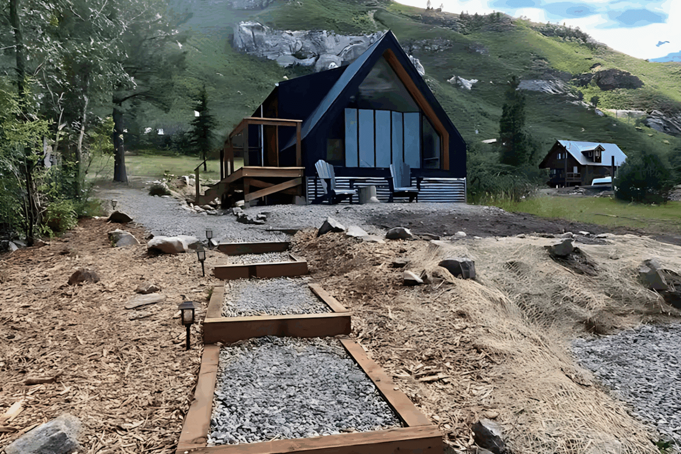 outdoor hospitality area of A frame park model tiny home in Durango Colorado built and designed by Zook Cabins