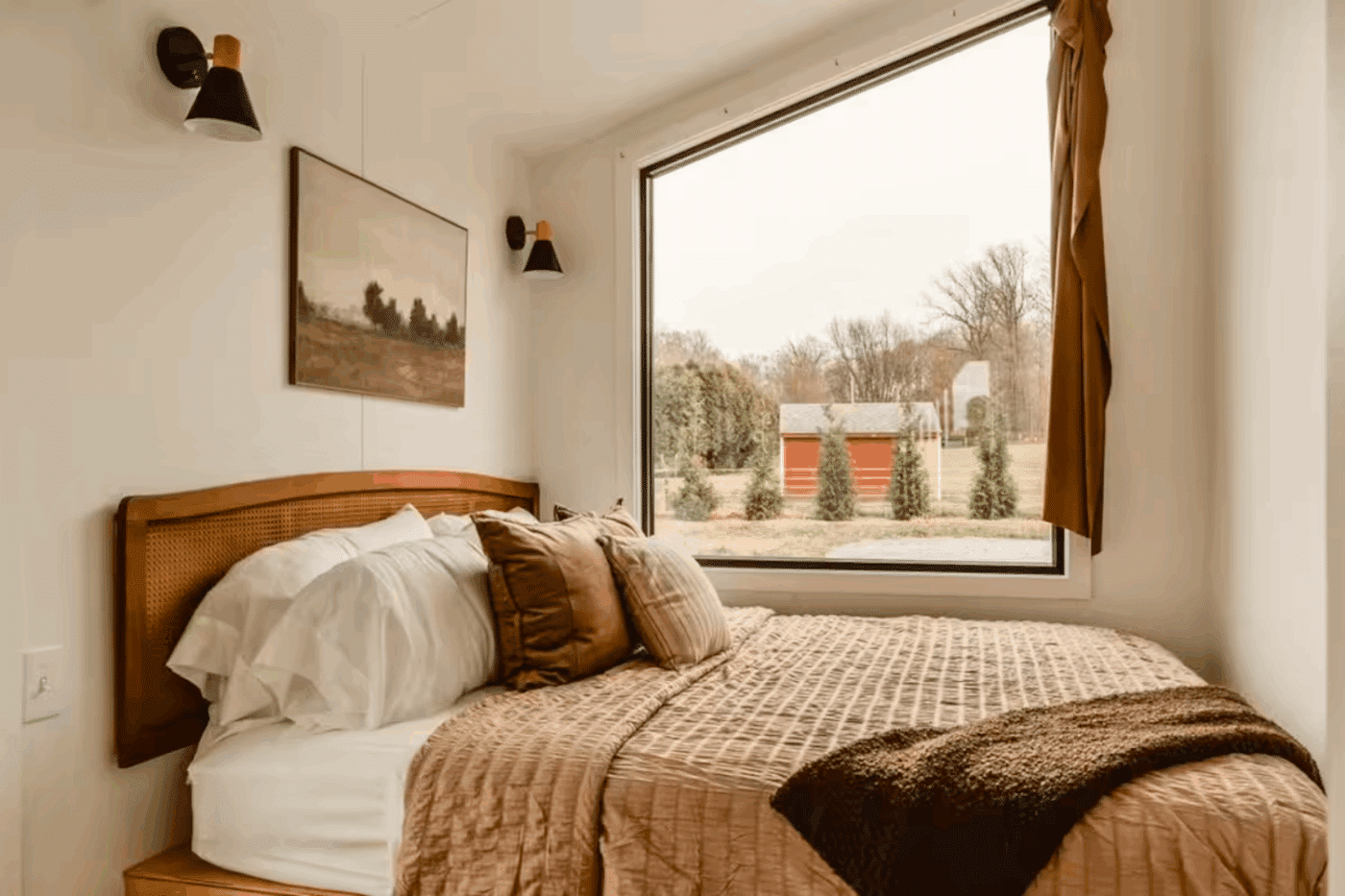 Bedroom of A frame park model tiny home in Gap pa built and designed by Zook Cabins