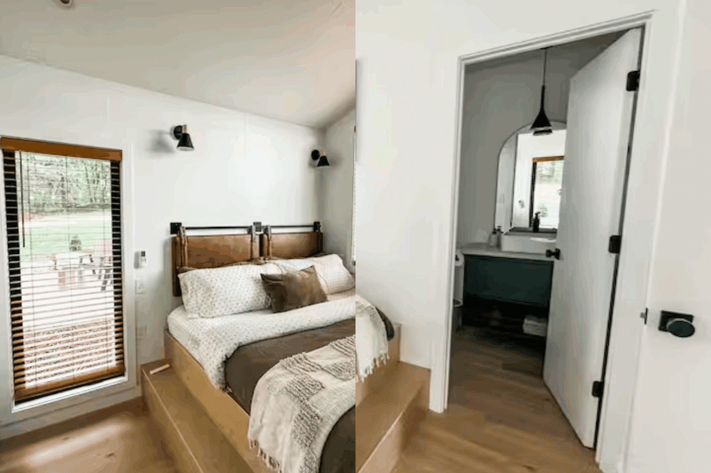 A frame park model tiny home in Harrison Arkansas bedroom with lots of storage created and designed by Zook Cabins