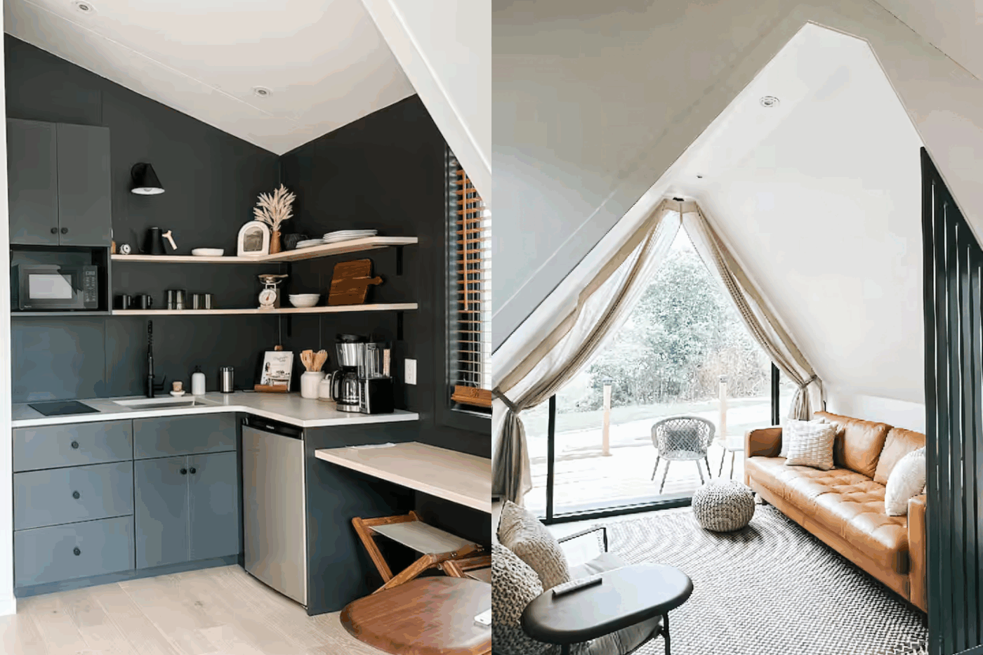 Kitchen and sitting area in A Frame park model tiny home built and designed by Zook Cabins
