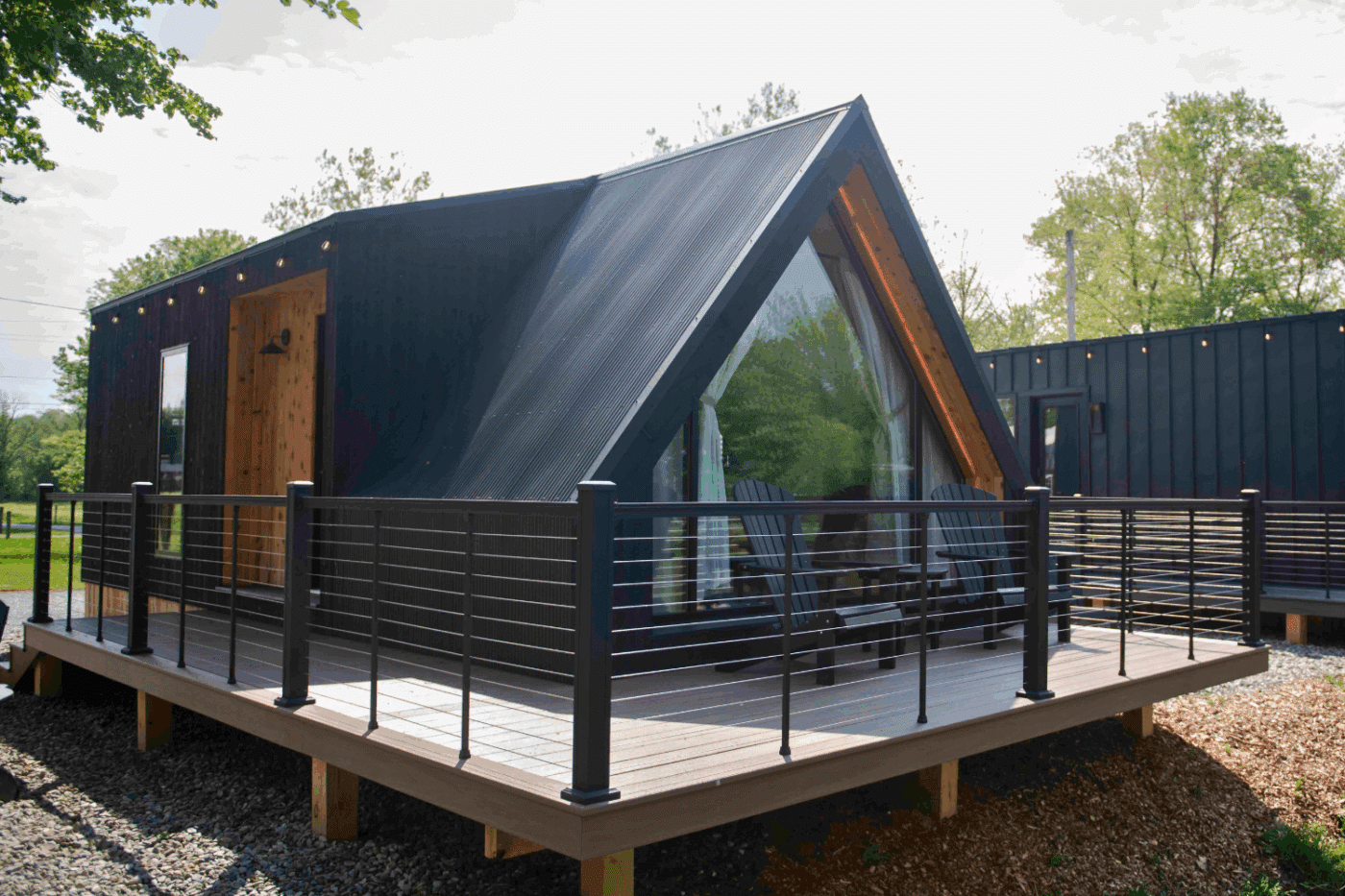 Exterior of Zook Cabins aframe park model tiny home in new holland pa at Red Run Resort