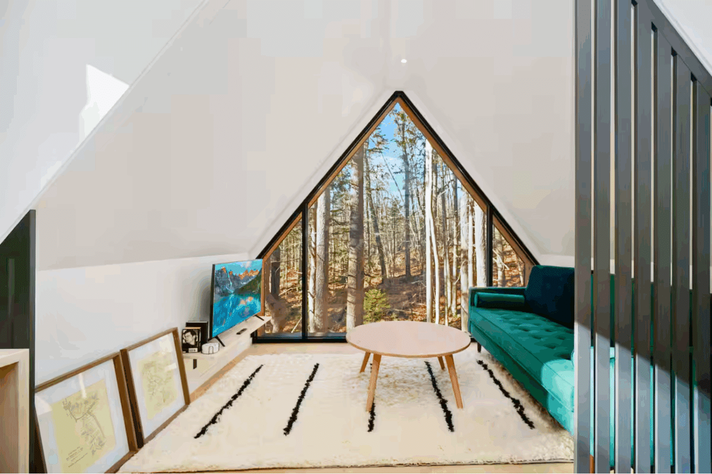 Livingroom in A frame tiny home located in Wiscasset Maine built and designed by Zook Cabin
