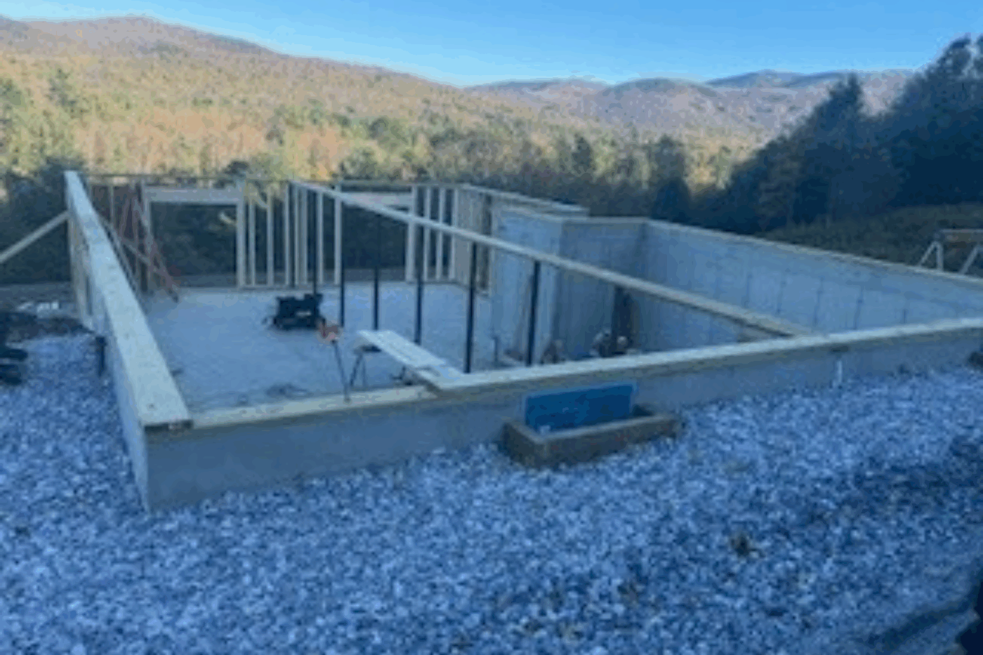 A frame modular home foundation with mountain view