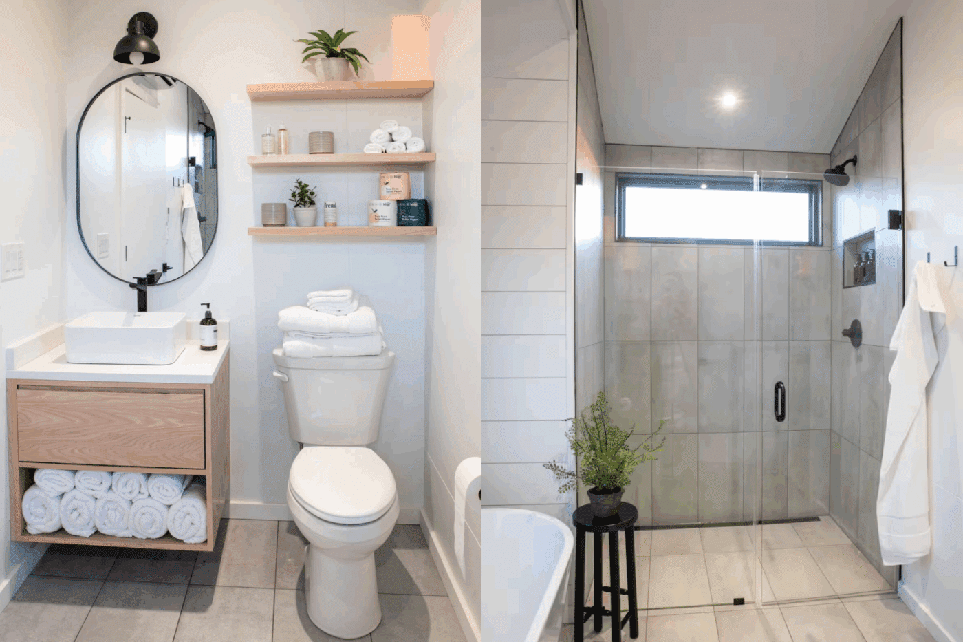 A frame studio in Memphis MO with shower and toilet and vanity area built and designed by Zook Cabins