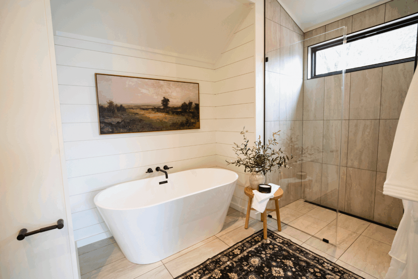 A frame studio park model tiny home large soaking tub and walk in shower built and designed at Red Run Resort in New holland pa site 139