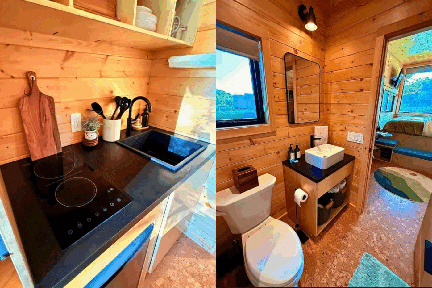 Kitchen and bathroom of Nook Studio base in Severville TN at Two Rivers Landing built and designed by Zook Cabins in Gap Pa