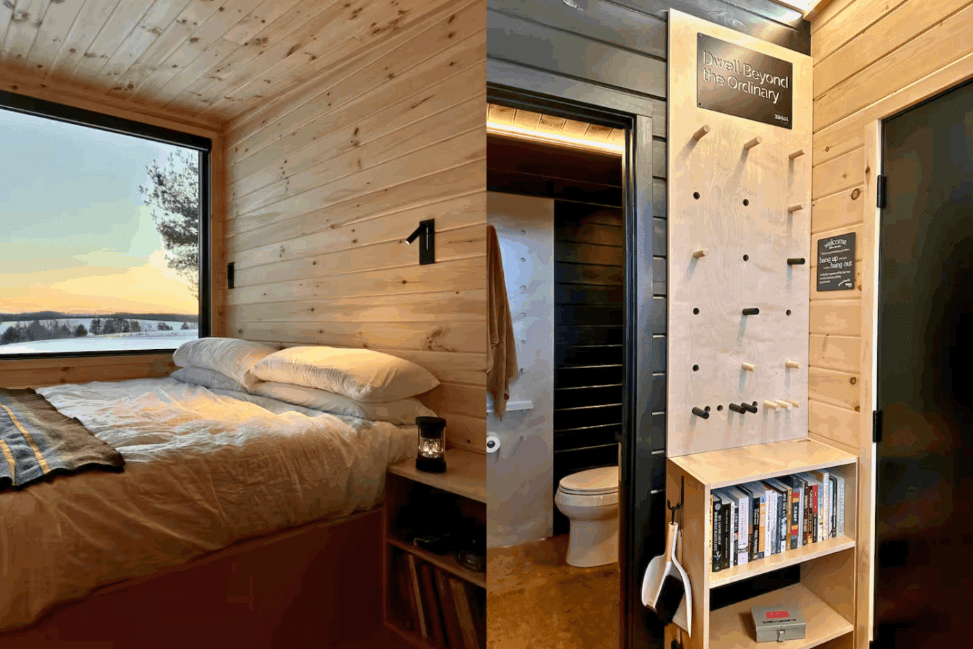Nook Studio park model tiny home with King sized bed and bookshelf designed and built by Zook Cabins