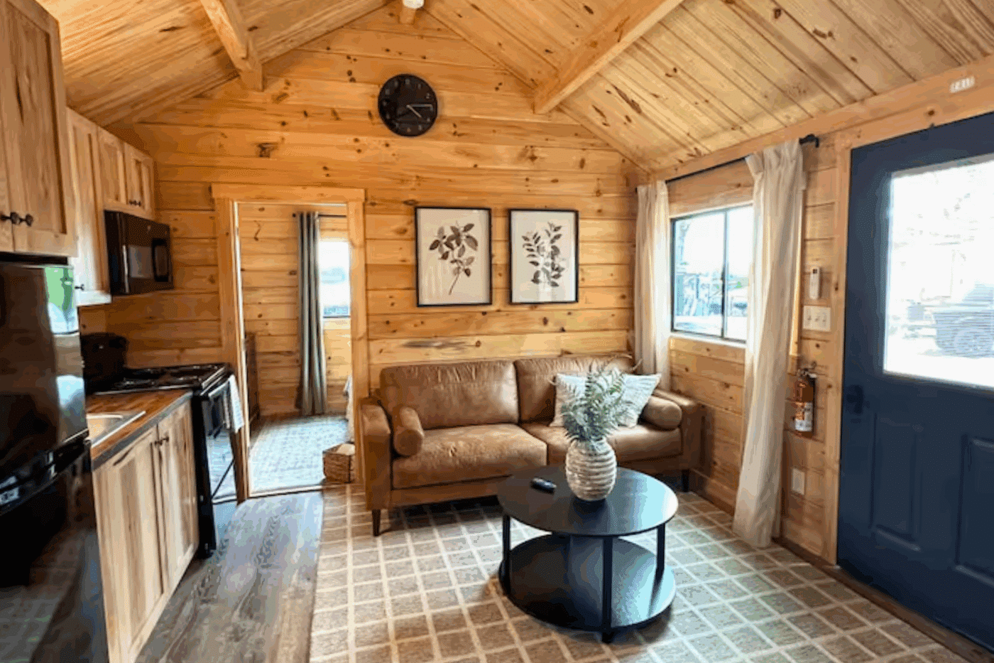 Common area of Pinecrest park model tiny home biult and designed by Zook Cabins