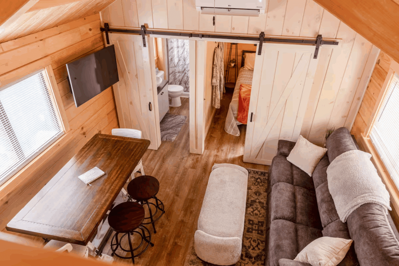 Common area of Pinecrest park model tiny home in glen mills pa built and designed by Zook Cabins with Mini Split
