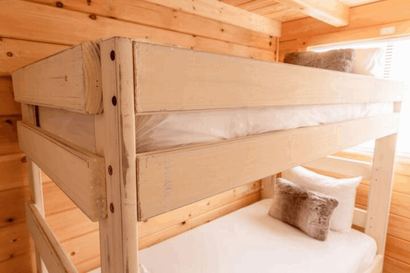 Zook Cabins Pinecrest park model with bunk beds in primary bedroom in spring mills pa