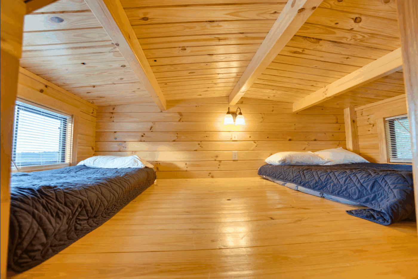 Lofted Sleeping area in Pinecrest park model tiny home in Warfordsburg Pa built and designed by Zook Cabins