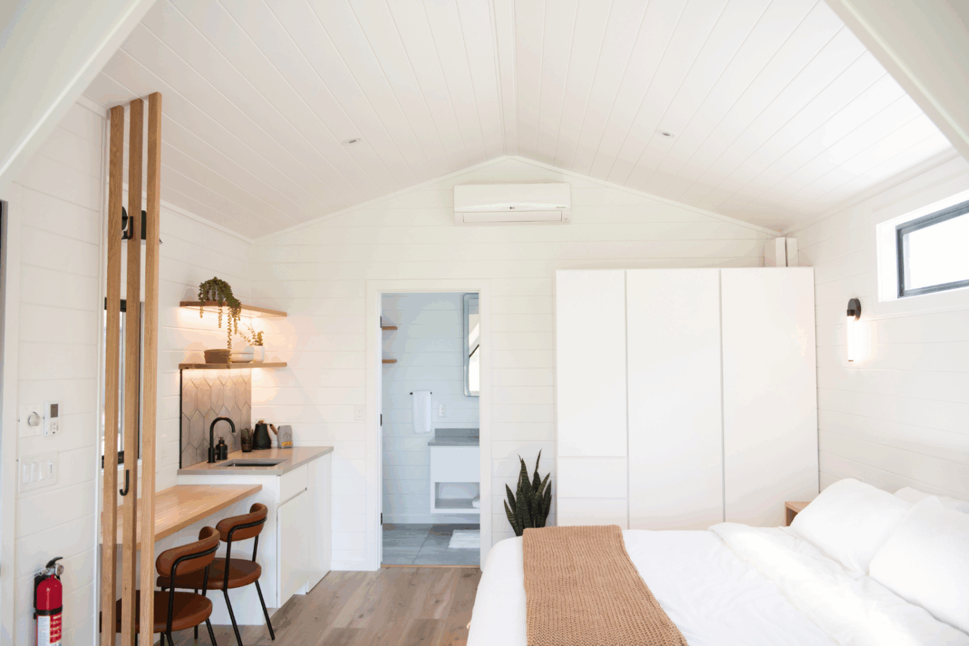 Common space of custom built A frame studio park model tiny home in Nevada