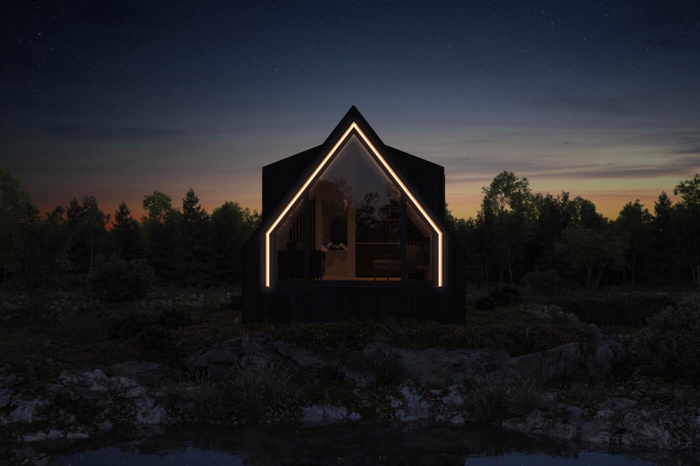 Night time view of A-Frame Park Model tiny home with lit-up frame and wooded are in background