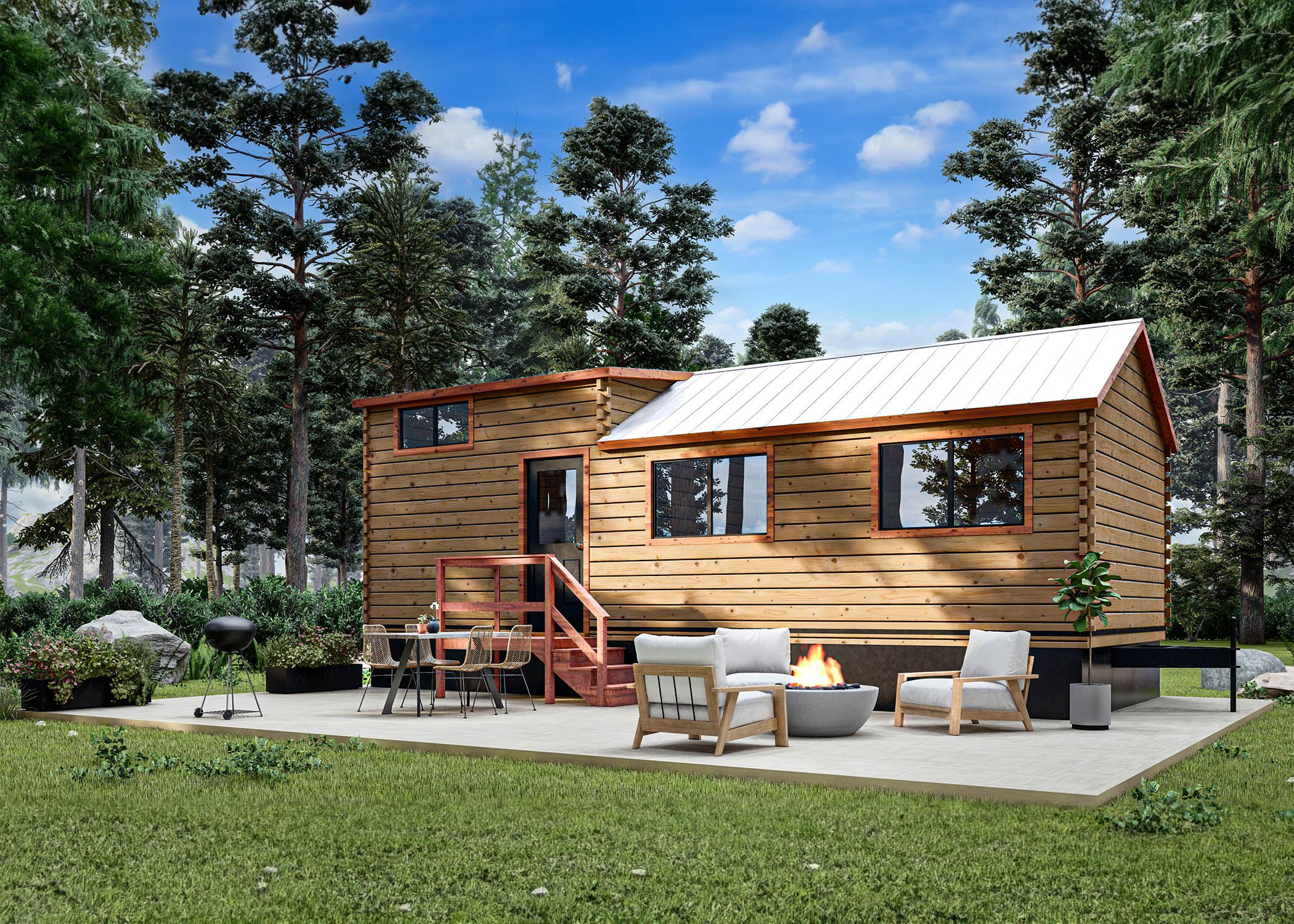 A tiny home during the day with seats and a fireplace outside