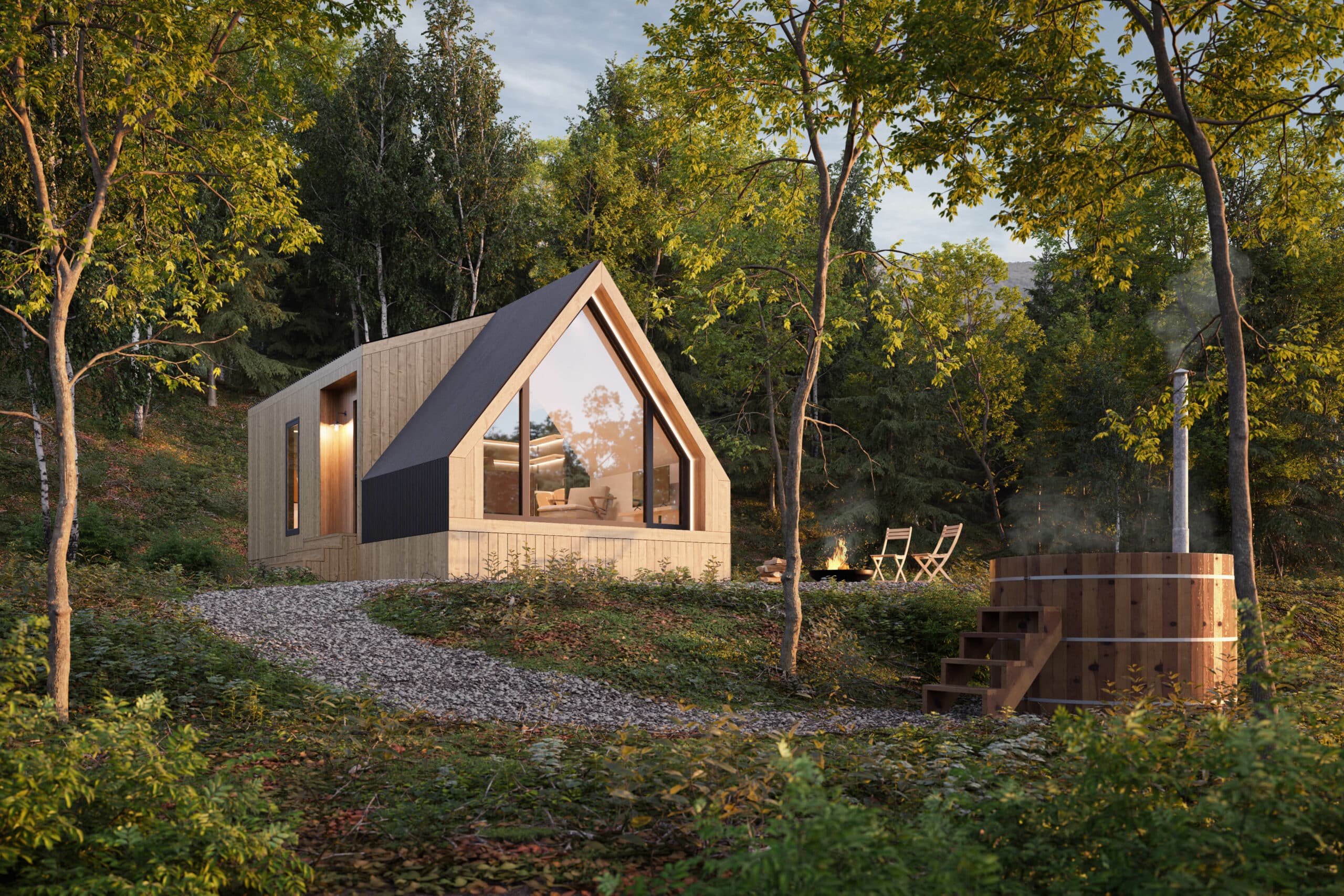 Tiny home in the evening with a hot tub outside