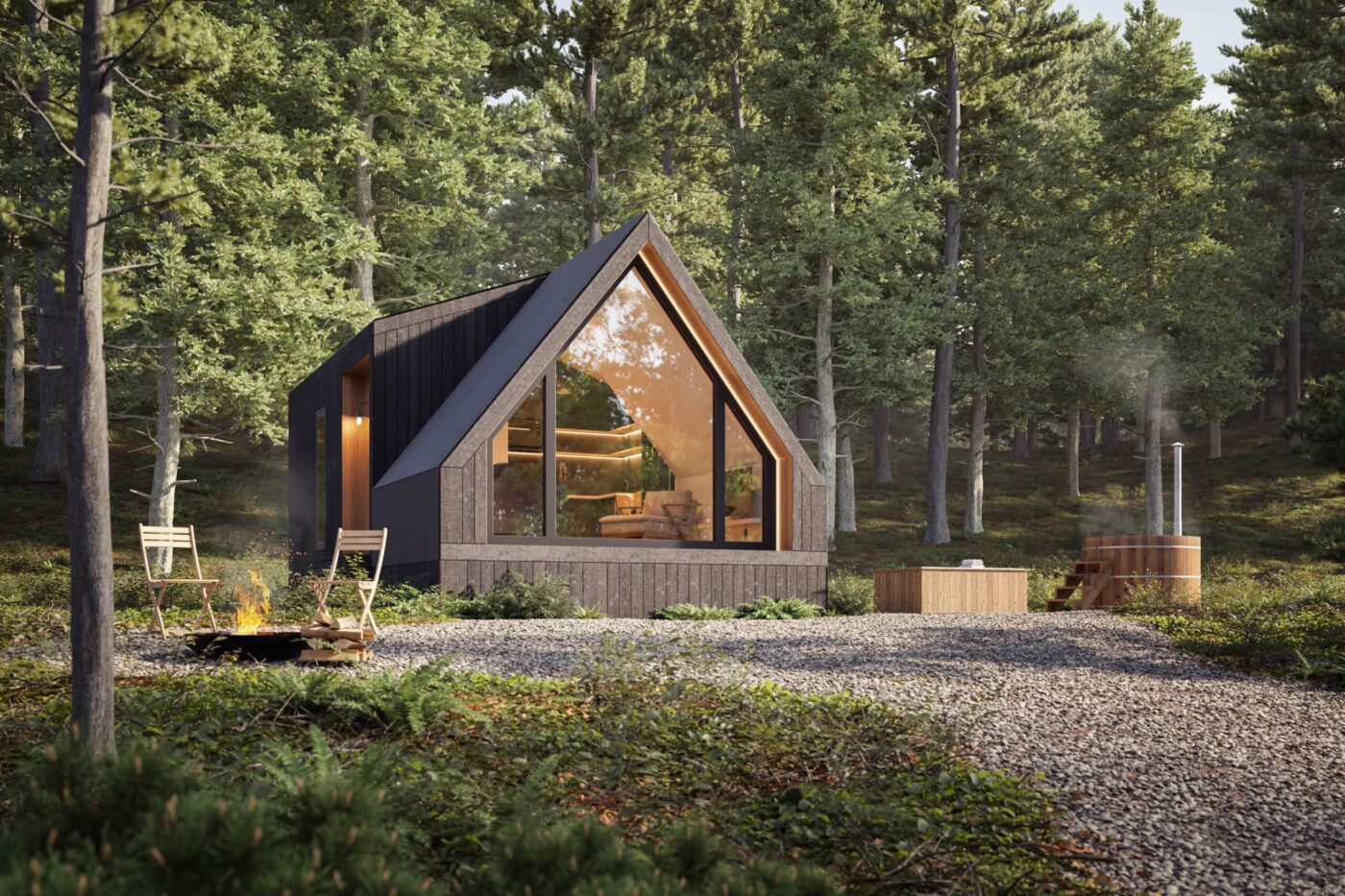 gray a frame park model tiny home in woods built in compliance with tiny home regulations in Iowa