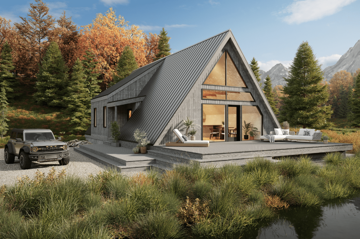 gray a frame park model tiny home on permanent foundation in forest