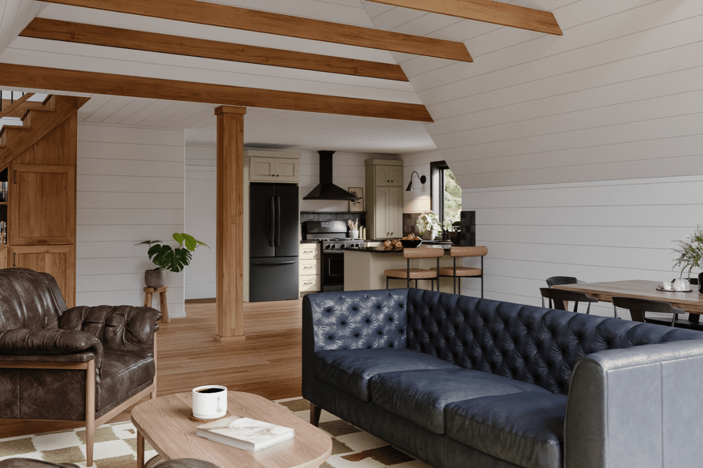 interior of park model tiny home featuring modern kitchen and living area