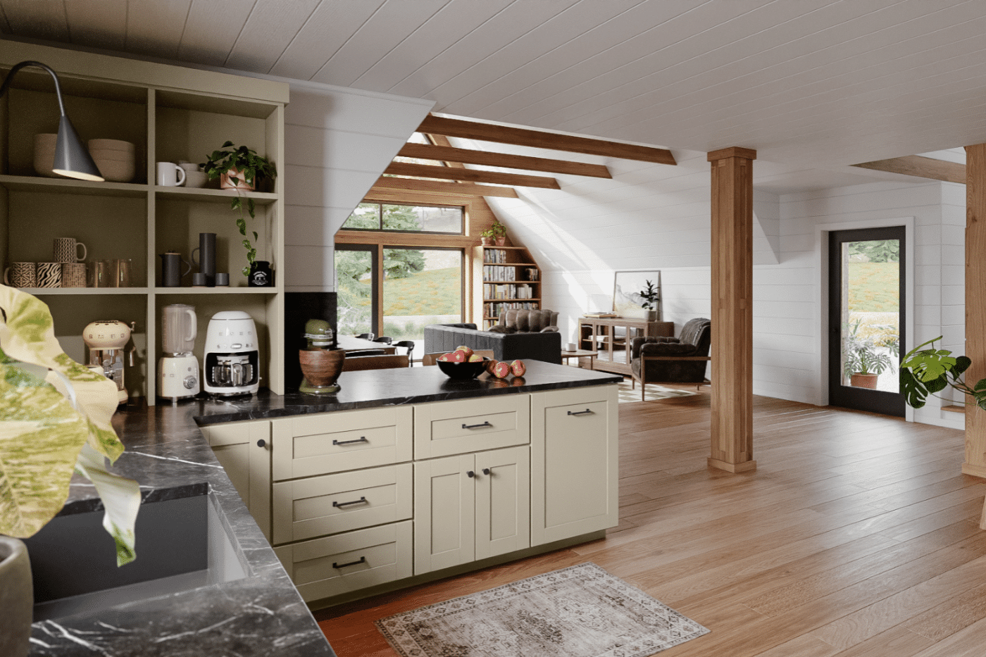 kitchen inside a frame park model with shelving and lots of storage and gray marble countertops