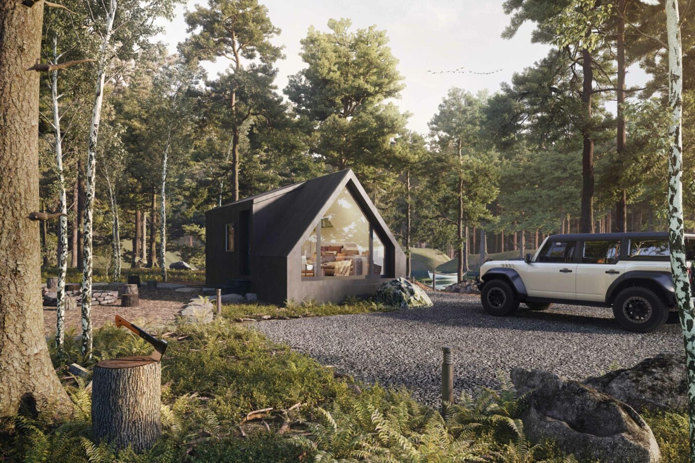 a frame studio park model tiny home in idaho with car