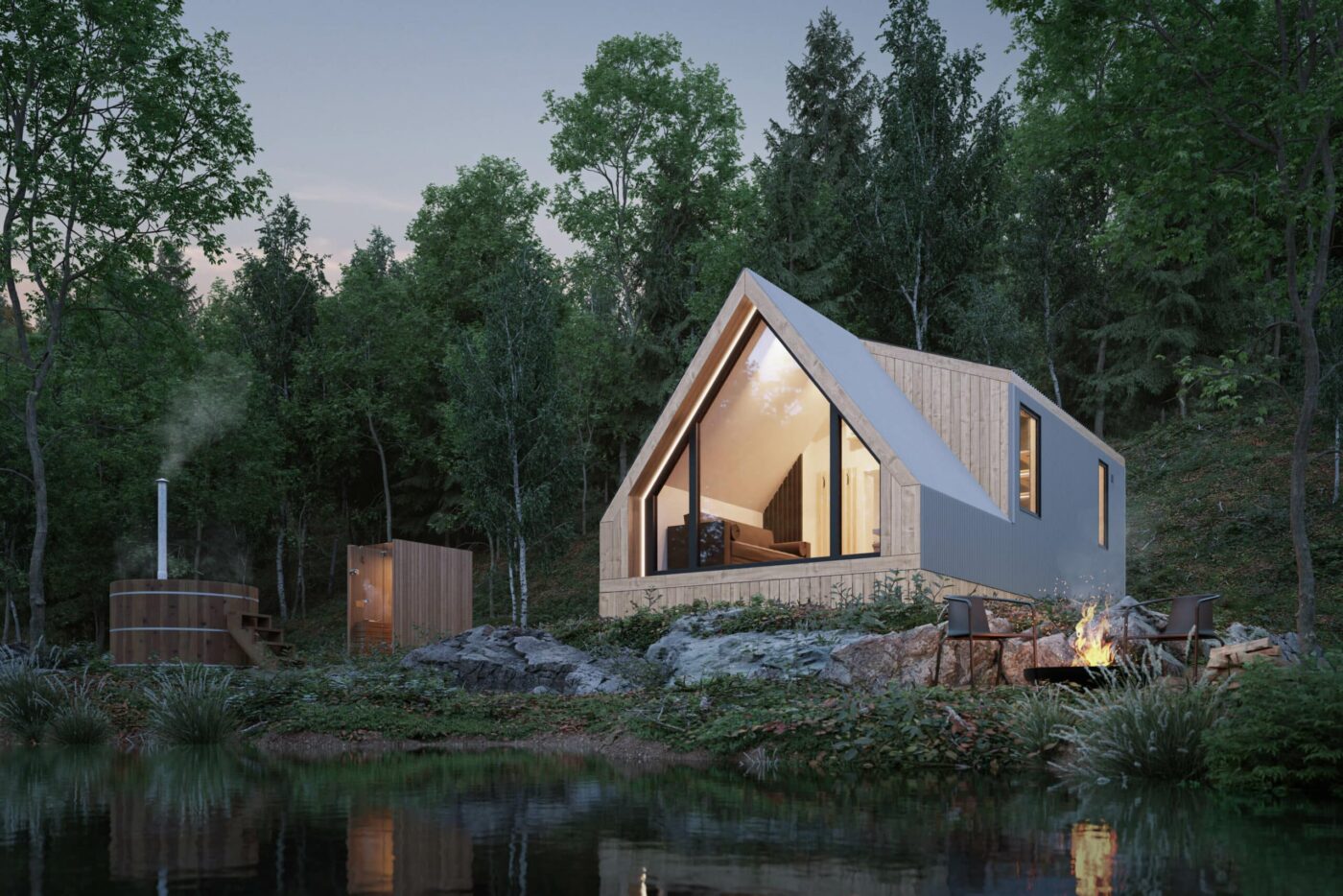 white a frame park model tiny home in idaho near hot tub