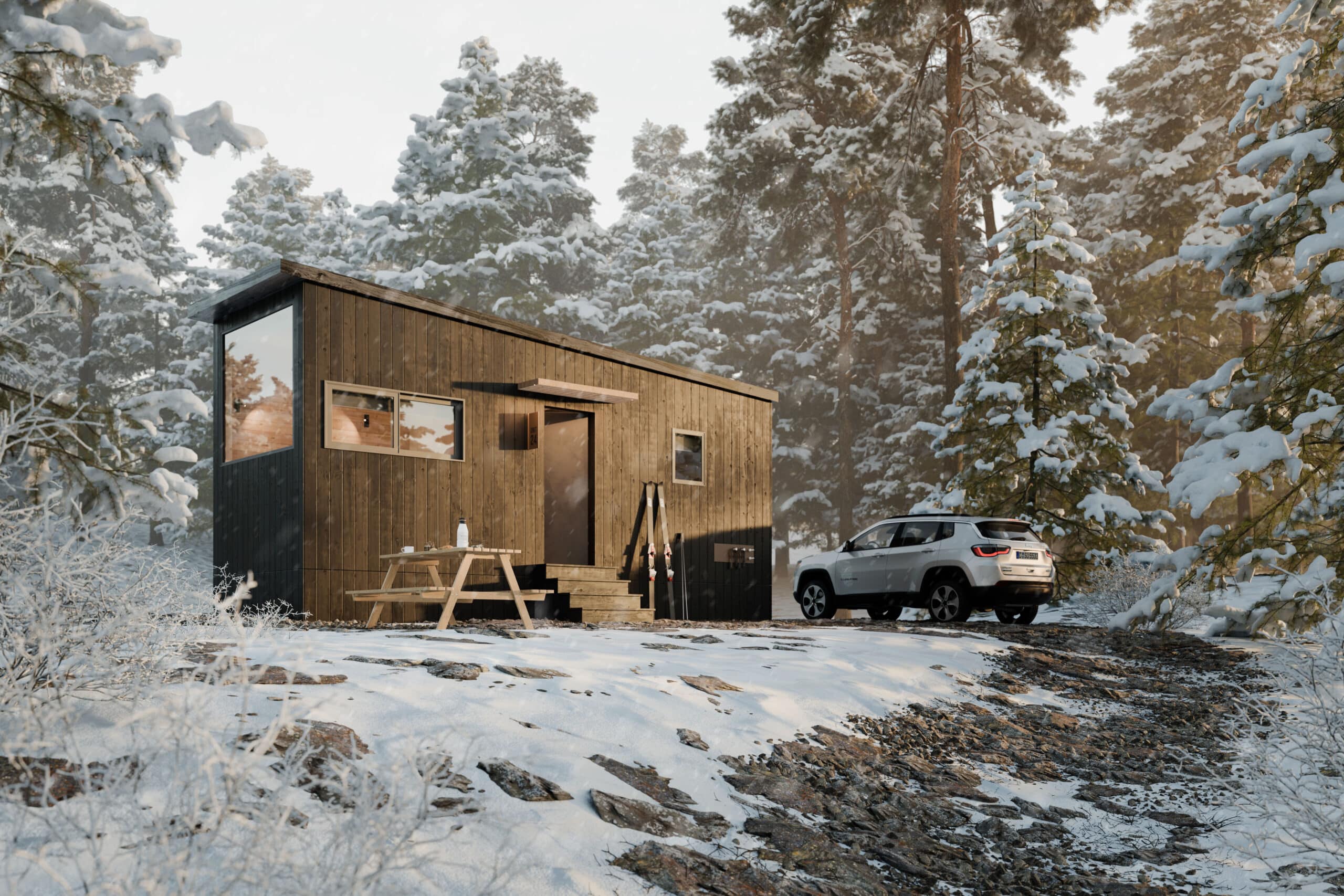 Nook Studio Campground Park Model in Michigan in the snow