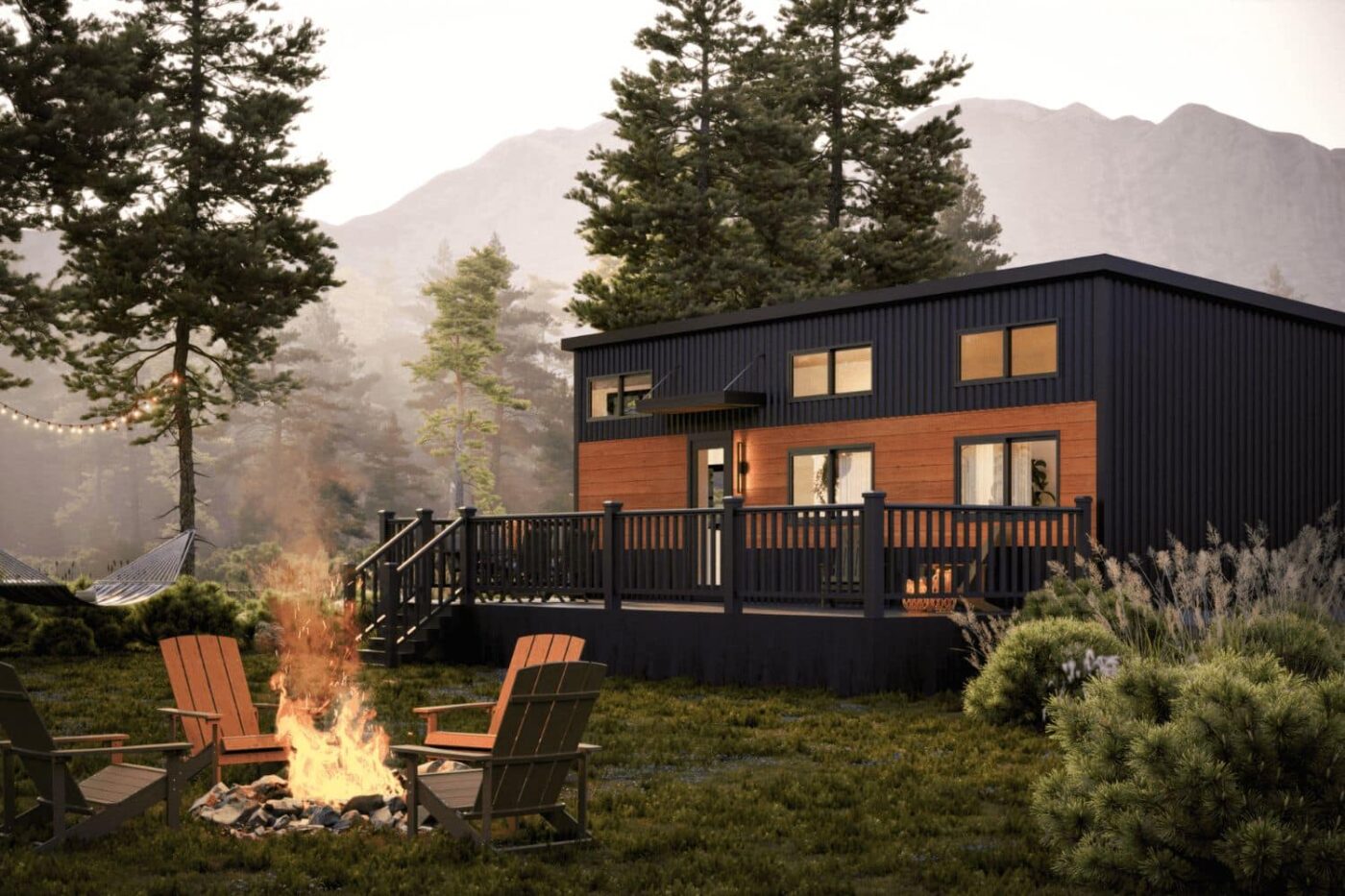 grayish black and wood paneled park mdoel with front porch and fire pit