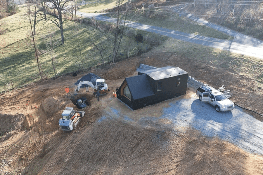 black a frame ADU being built by Zook Cabins in Stanley VA