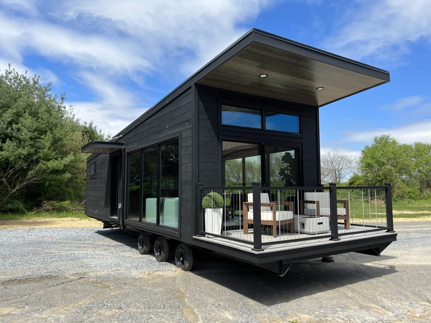 black park model home with front porch on wheels